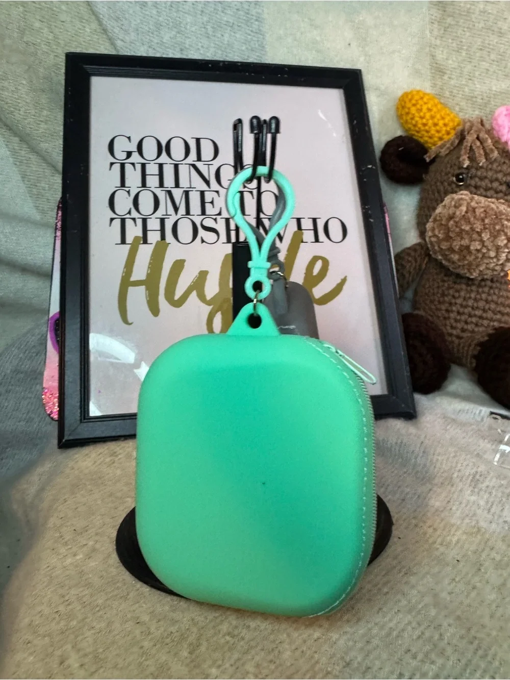 Mint Green & Gray Silicone Zip Pouch Duo with Key Clip